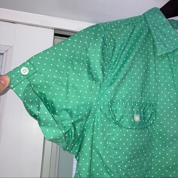 Woolrich Women’s Button Down Short Sleeve Shirt Tile Green Dot Medium - Picture 2 of 11